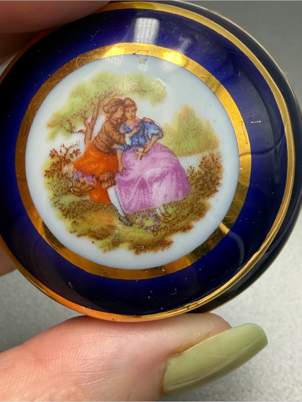 Limoges Cobalt Blue Porcelain Trinket Box with Romantic Scene